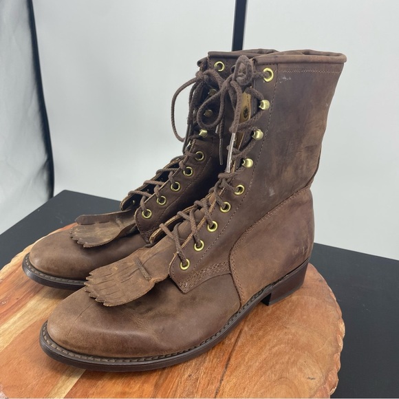 Vtg Packer Lace Up Western kiltie Work brown Leather Mens Boots 7.5 EW wide - Picture 3 of 6